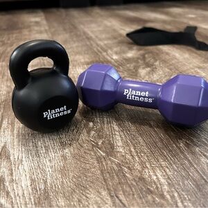 Planet Fitness Black Kettlebell and Purple Dumbbell Stress Toys